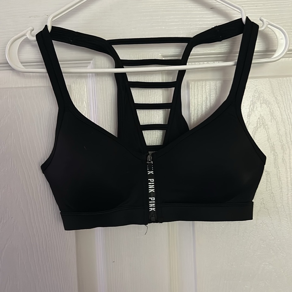 PINK Black zip in front bra.